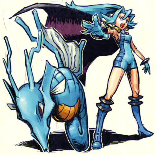 00s 1girl blue_eyes blue_hair boots cape choker clair_(pokemon) dragon gen_2_pokemon gloves gym_leader kingdra lowres meimaru_inuchiyo nintendo pokemon pokemon_(creature) pokemon_hgss ponytail unitard