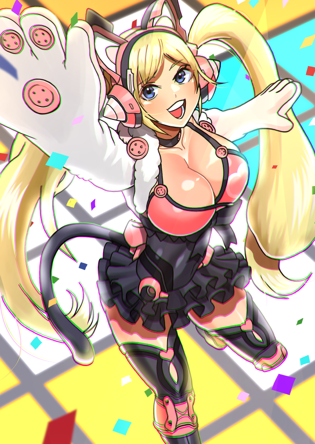 1girl akisu_k animal_ear_headphones blonde_hair blue_eyes cat_ear_headphones cat_gloves_jacket dance_floor headphones lucky_chloe namco solo tekken tekken_7