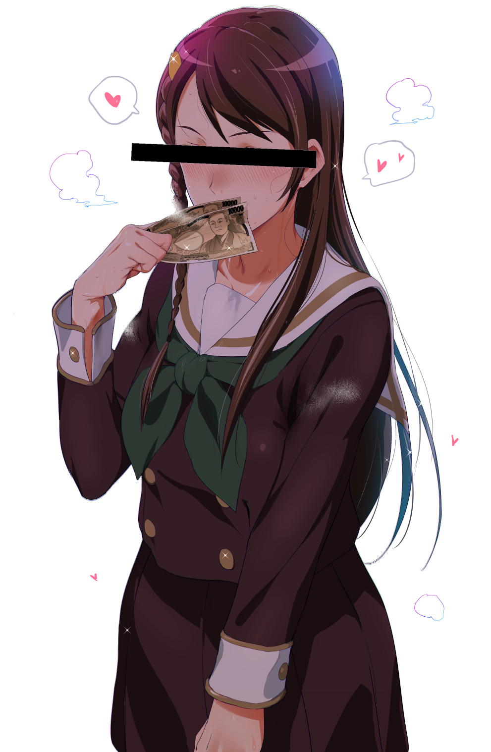 1girl bad_id bad_pixiv_id bar_censor blush braid brown_hair brown_skirt buttons censored censored_identity colored_skin covering_own_mouth cowboy_shot double-breasted drooling facing_viewer female_focus green_neckerchief hair_ornament heart hibike!_euphonium highres holding ikuchan_kaoru long_hair long_sleeves money multicolored_skin neckerchief nose_blush pleated_skirt saliva school_uniform serafuku shade side_braid sidelocks simple_background single_braid skirt solo souga_yoriko sparkle speech_bubble spoken_heart stain stained_clothes standing steam straight_hair sweat swept_bangs tucked_money white_background yen