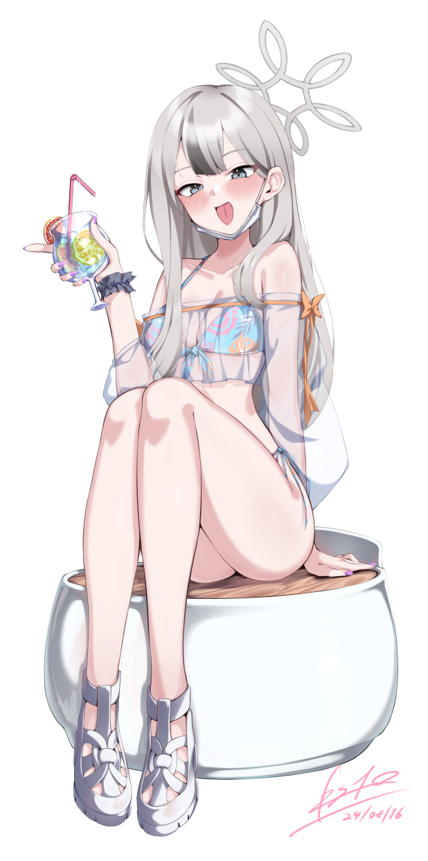 1girl :p bikini black_hair blue_archive blue_bikini blush breasts center-flap_bangs commentary_request dated drink drinking_straw esto_0079 full_body glass grey_eyes grey_hair grey_halo grey_shoes halo highres holding holding_drink konoka_(blue_archive) long_hair looking_at_viewer medium_breasts mixed-language_commentary multicolored_hair shoes signature simple_background sitting solo streaked_hair swimsuit thighs tongue tongue_out white_background