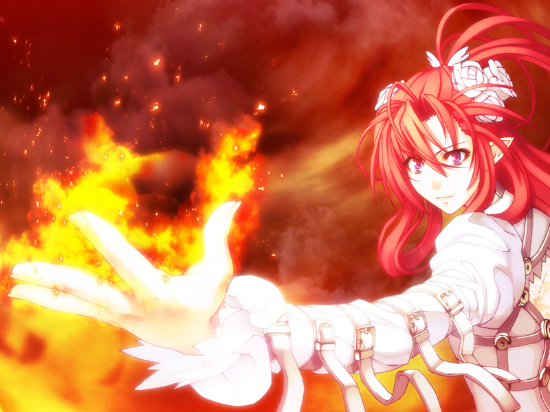 1girl alternate_costume female_focus fire flower game_cg ignis_(jingai_makyou) jingai_makyou nitroplus pointy_ears ponytail purple_eyes red_hair solo strap