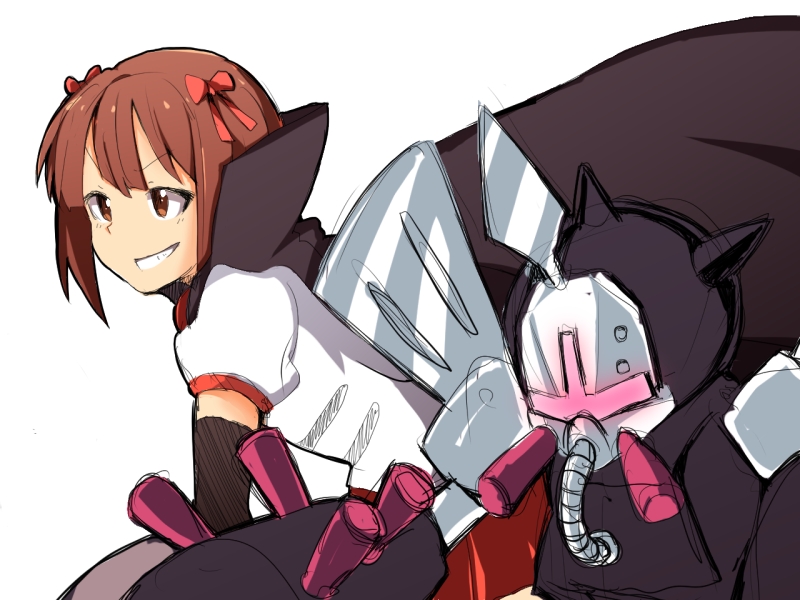 1girl amami_haruka belzelga brown_hair cape glowing grin hair_ribbon harustein horns idolmaster idolmaster_(classic) mecha medarot natsunagi_takaki puffy_sleeves ribbon robot short_hair short_sleeves single_horn smile white_background