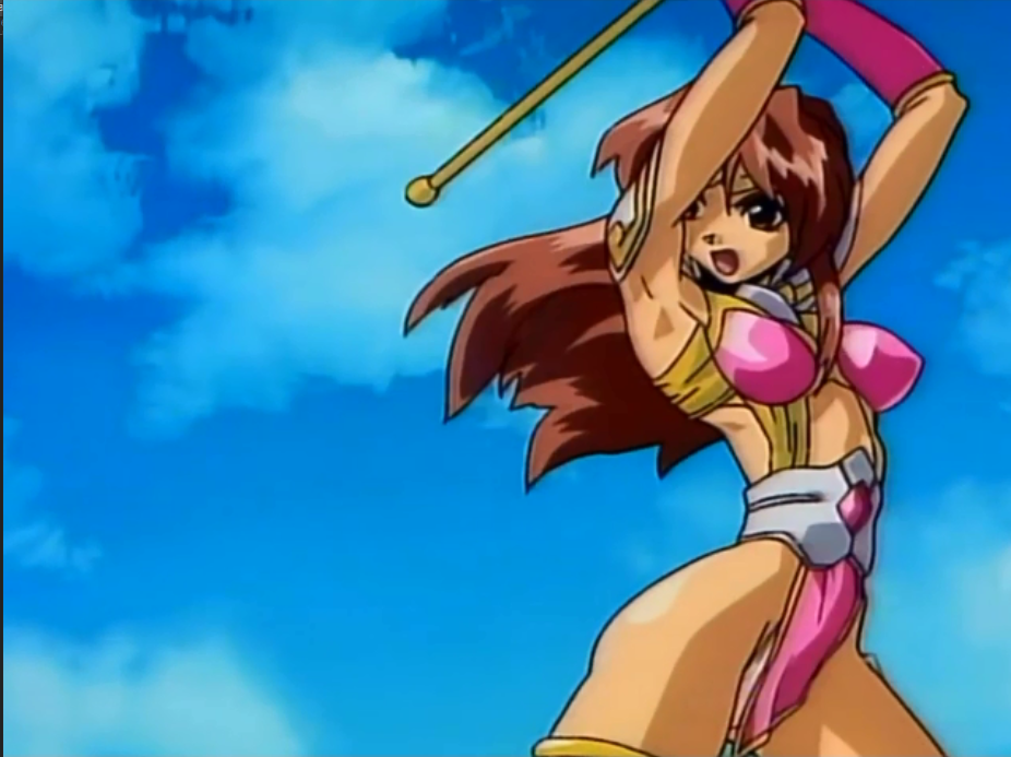 1990s_(style) 1girl armpits arms_up brown_eyes brown_hair choujin_gakuen_gowcaizer oobari_masami retro_artstyle ruyi_jingu_bang son_karin