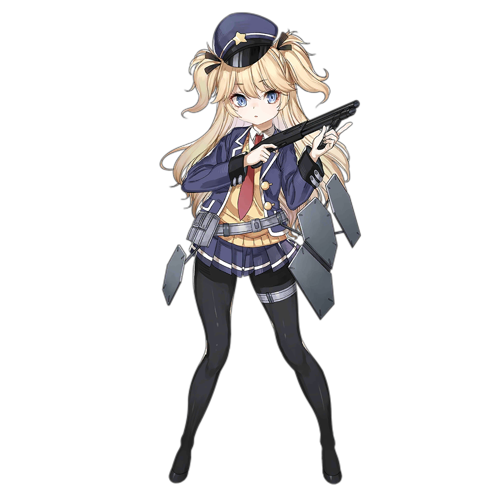1girl blonde_hair blue_eyes blue_jacket blue_skirt collared_shirt full_body girls&#039;_frontline gun haijin hair_ribbon hat holding holding_gun holding_weapon jacket long_hair necktie official_art pantyhose pleated_skirt police_hat pump_action red_necktie ribbon serbu_super-shorty shield shield_module shirt shotgun skirt solo standing super-shorty_(girls&#039;_frontline) sweater_vest thigh_strap transparent_background weapon white_shirt