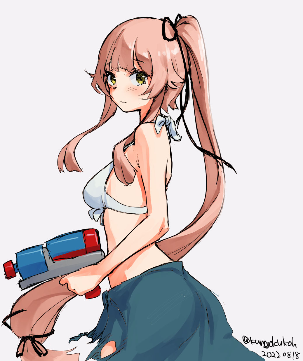 1girl bikini breasts cowboy_shot dated hair_flaps highres holding holding_water_gun kangoku_kou kantai_collection long_hair looking_at_viewer medium_breasts pink_hair ponytail sarong simple_background solo swimsuit torn_clothes torn_sarong twitter_username very_long_hair water_gun white_background white_bikini yellow_eyes yura_(kancolle) yura_(swimsuit)_(kancolle)