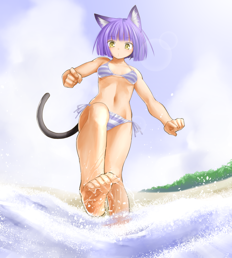 1girl animal_ears barefoot bastet_lore bikini breasts cat_ears cat_tail emil_chronicle_online feet female_focus from_below kasuga_yukihito navel purple_bikini purple_hair short_hair side-tie_bikini_bottom sky small_breasts solo splashing striped_bikini striped_clothes swimsuit tail toes wading yellow_eyes
