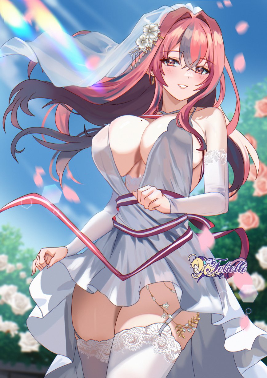 1girl artist_logo azur_lane bare_shoulders blue_sky blush breasts bremerton_(azur_lane) bremerton_(joyride_of_love)_(azur_lane) cleavage day dress earrings felielle flower hair_flower hair_ornament highres jewelry large_breasts logo long_hair long_sleeves looking_at_viewer mole mole_on_breast multicolored_hair outdoors pink_eyes pink_hair red_ribbon ribbon see-through_clothes see-through_veil sideboob sky smile solo streaked_hair thighhighs thighs two-tone_hair veil white_dress white_flower white_sleeves white_thighhighs