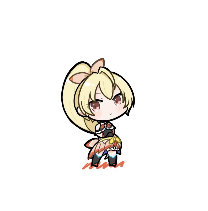 1girl ahoge andou_tazusa arm_cuffs assault_lily bare_shoulders black_gloves black_thighhighs blonde_hair blush bow bowtie chibi closed_mouth crossed_arms full_body gloves hair_bow happa_no_tanupon long_hair official_alternate_costume orange_bow orange_shirt orange_skirt pleated_skirt ponytail red_bow red_bowtie red_eyes shirt simple_background skirt sleeveless sleeveless_shirt solo standing thighhighs white_background yellow_bow