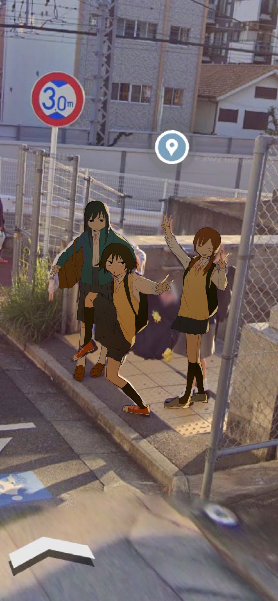 3girls backpack bag black_eyes black_hair black_skirt brown_hair chain-link_fence chair character_request closed_eyes closed_mouth collared_shirt commentary_request copyright_request day double_v fence full_body google_maps green_jacket high_school_girls_posing_for_google_street_view_(meme) highres jacket joshikousei_no_mudazukai kikuchi_akane long_hair low_twintails meme miniskirt multiple_girls neck_ribbon open_clothes open_jacket open_mouth outdoors photo_background pinosan pleated_skirt puckered_lips red_footwear red_ribbon ribbon saginomiya_shiori school_chair shirt shoes short_hair sidewalk skirt smile sneakers standing standing_on_one_leg sweater sweater_vest tactile_paving tanaka_nozomu twintails v white_shirt yellow_sweater yellow_sweater_vest