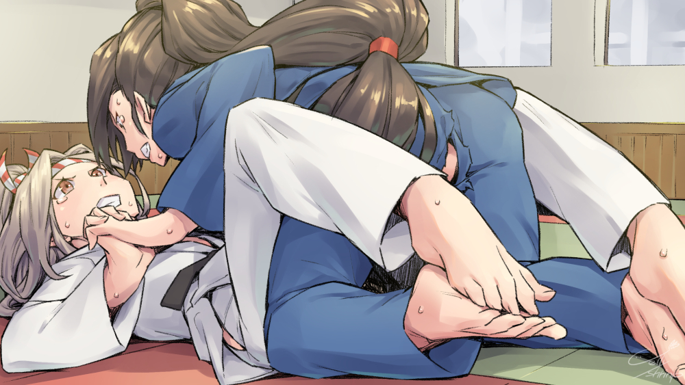 2girls alternate_costume black_hair brown_eyes dougi grey_hair hachimaki headband high_ponytail indoors jelly_shrimp judo kantai_collection karate_gi long_hair low-tied_long_hair lying martial_arts multiple_girls nisshin_(kancolle) on_back pants ponytail torn_clothes torn_pants very_long_hair zuihou_(kancolle)