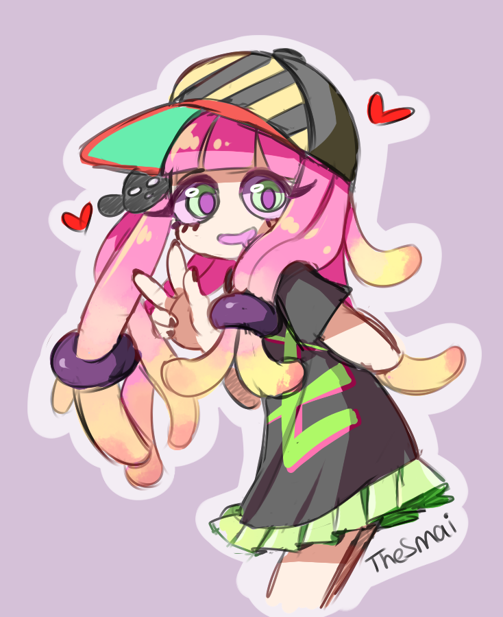 1girl abxy artist_name bad_id bad_tumblr_id baseball_cap clownfish colored_sclera drooling female_focus fish green_eyes hairband harmony&#039;s_clownfish_(splatoon) harmony_(splatoon) hat heart multicolored_hair nail_polish nintendo personification pink_hair pink_sclera saliva sami_(artist) sami_briggs sanpaku sea_anemone shirt simple_background skirt smile solo splatoon_(series) splatoon_1 t-shirt tentacle_hair v