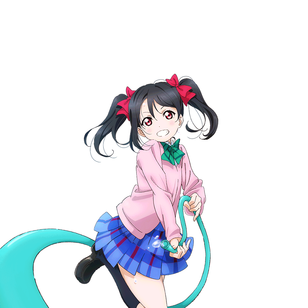 1girl black_hair black_shoes black_socks blush bow clenched_teeth hair_bow holding holding_hose hose loafers looking_at_viewer love_live! love_live!_school_idol_festival love_live!_school_idol_project murota_yuuhei official_art red_eyes shoes smile socks solo splatter standing standing_on_one_leg teeth thighs transparent_background twintails v-shaped_eyebrows water yazawa_nico