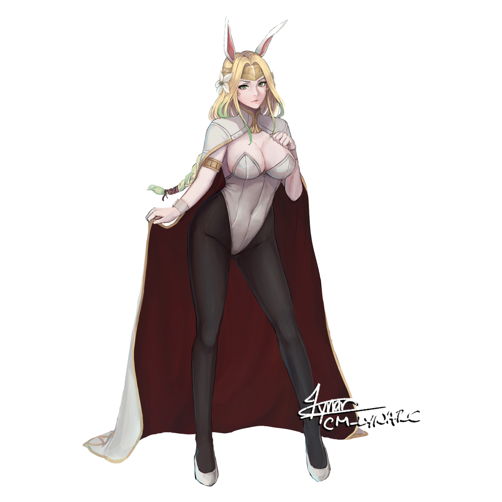 1girl alternate_costume animal_ears braid braided_ponytail breasts cape circlet cleavage covered_navel fire_emblem fire_emblem:_three_houses flower green_eyes green_hair hair_flower hair_ornament hair_tie high_heels holding holding_unworn_cape holding_unworn_clothes large_breasts leotard long_hair lynarc nintendo pantyhose playboy_bunny rabbit_ears rhea_(fire_emblem) seiros_(fire_emblem) solo unworn_cape watermark white_cape