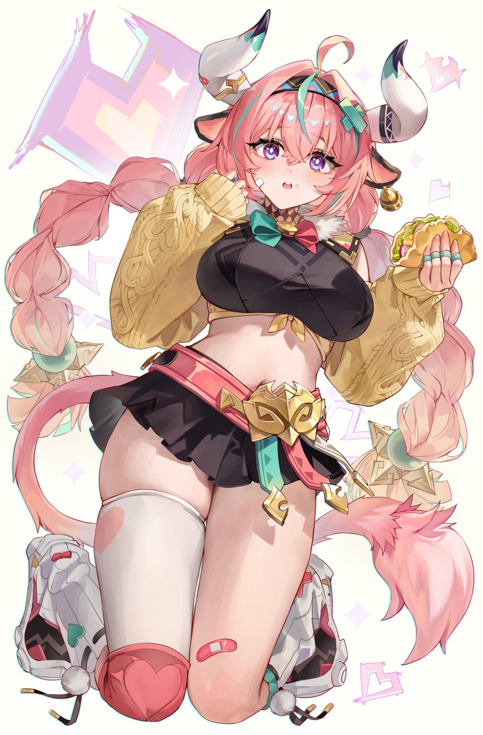 1girl ahoge bandaid bandaid_on_face bandaid_on_leg belt black_hairband black_skirt blush braid breasts chromatic_aberration commentary cow_girl cow_horns cropped_sweater food fur-trimmed_sweater fur_trim genshin_impact hair_between_eyes hair_ornament hairband hashtag-only_commentary highres holding holding_food horns jewelry knee_pads kneeling large_breasts long_hair looking_at_viewer low_twin_braids miniskirt multiple_rings navel open_mouth pink_belt pink_hair purple_eyes ring sabotensuteeki single_thighhigh skirt socks solo stomach sweater taco thighhighs twin_braids varesa_(genshin_impact) very_long_hair white_horns white_socks white_thighhighs x_hair_ornament yellow_sweater