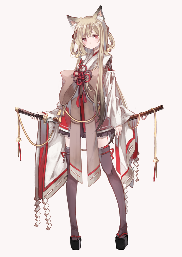 1girl animal_ears arm_at_side beige_background bell black_skirt black_thighhighs blonde_hair blush bow brown_bow closed_mouth detached_sleeves female_focus fox_ears fox_girl full_body geta hair_bell hair_between_eyes hair_ornament hair_rings holding holding_sword holding_weapon japanese_clothes katana kimono legs_apart long_hair looking_at_viewer original oro_ponzu platform_clogs pleated_skirt red_eyes ribbon-trimmed_sleeves ribbon_trim scabbard sheath shide sidelocks simple_background skirt sleeveless sleeveless_kimono solo standing sword tassel thighhighs unsheathing weapon white_kimono wide_sleeves zettai_ryouiki