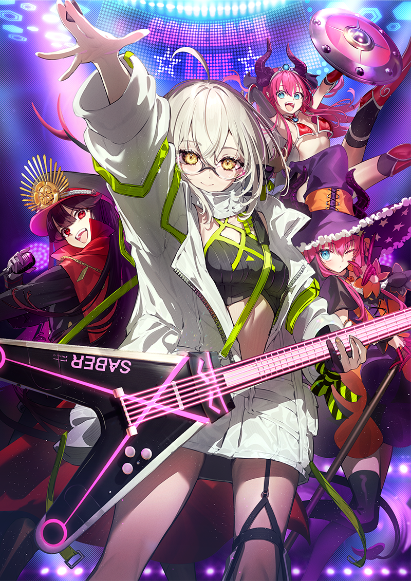 4girls armor artoria_pendragon_(fate) bikini bikini_armor black_hair black_thighhighs blonde_hair blue_eyes blush braid breasts cape commentary_request crest curled_horns dragon_horns dress electric_guitar elizabeth_bathory_(brave)_(fate) elizabeth_bathory_(fate) elizabeth_bathory_(halloween_caster)_(fate) family_crest fate/grand_order fate_(series) french_braid galibo green_eyes grey_hair guitar hair_bun halloween_costume hat horns instrument jacket long_hair long_sleeves looking_at_viewer loose_bikini medium_breasts military_hat multiple_girls mysterious_idol_x_alter_(fate) navel oda_nobunaga_(fate) oda_nobunaga_(koha-ace) oda_uri official_art one_eye_closed open_mouth oversized_clothes pauldrons pink_hair plectrum pointy_ears purple_headwear red_armor red_bikini red_cape red_eyes second-party_source short_hair shoulder_armor silver_trim single_hair_bun small_breasts smile star_(symbol) star_print striped_clothes striped_dress swimsuit thighhighs vertical-striped_clothes vertical-striped_dress white_jacket witch_hat yellow_eyes