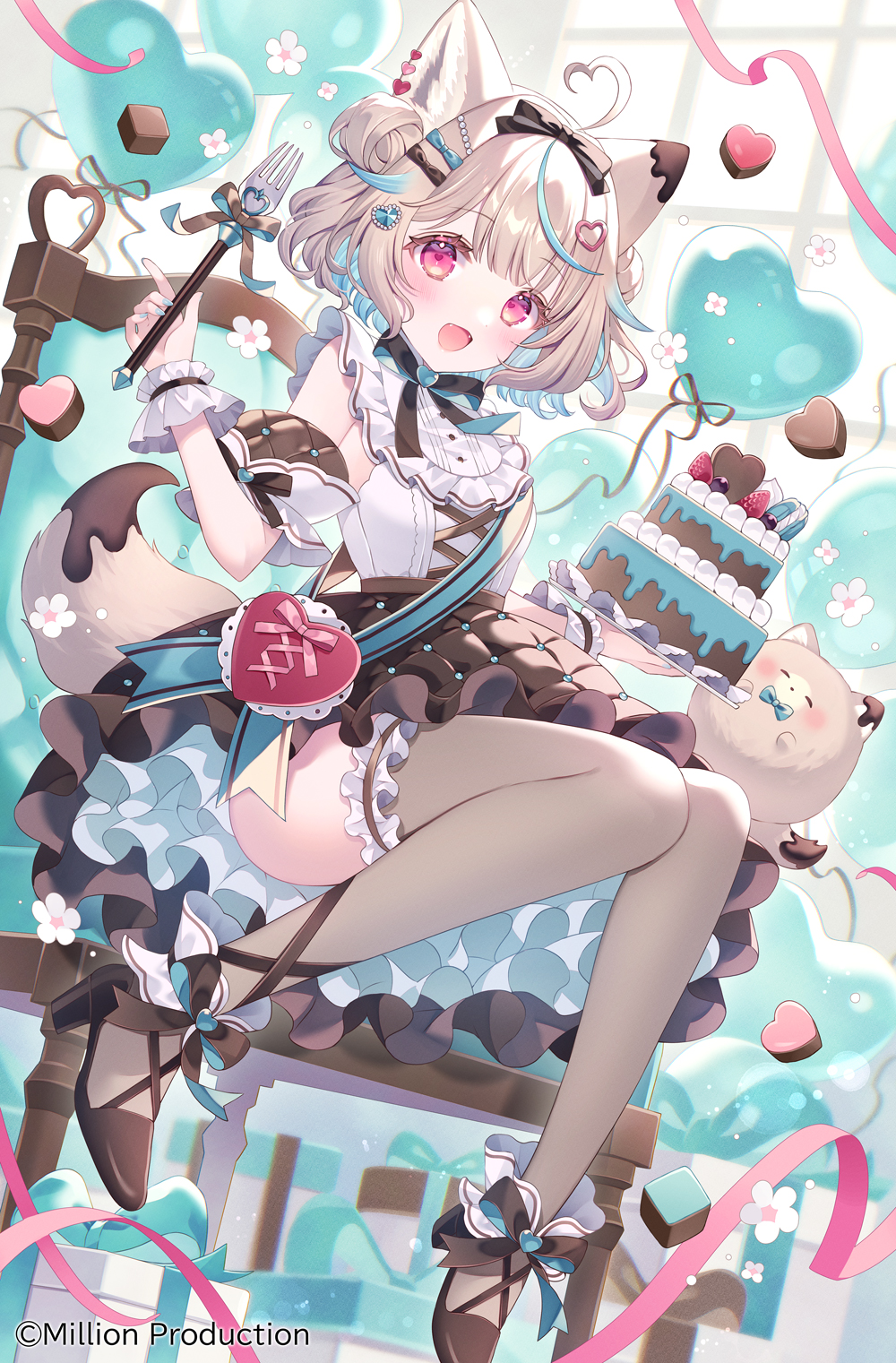 1girl ahoge amakami_konomi animal_ears ass bare_shoulders black_bow bow bracelet breasts cake candy chocolate chocolate_cake chocolate_heart double_bun food fork green_ribbon grey_thighhighs hair_bun heart heart-shaped_food heart_ahoge highres holding holding_cake holding_food holding_fork jewelry light_blush million_production mint_chocolate on_chair pink_eyes ribbon shirt short_hair small_breasts smile solo strappy_heels tail thighhighs tutu wasabi_(sekai) white_hair white_shirt zettai_ryouiki