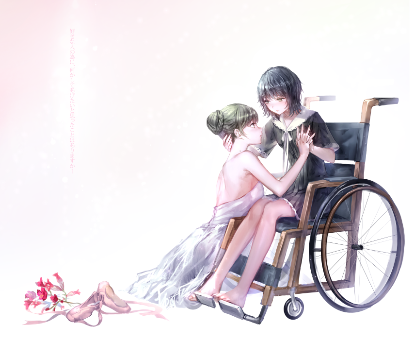 2girls back ballet_slippers barefoot braid commentary_request dress flower flowers_(innocent_grey) hair_bun hand_on_another&#039;s_neck holding_hands irua mole mole_on_neck multiple_girls school_uniform shoes unworn_shoes short_hair single_hair_bun sitting takasaki_chidori translation_request wheelchair white_dress yaegaki_erika yuri