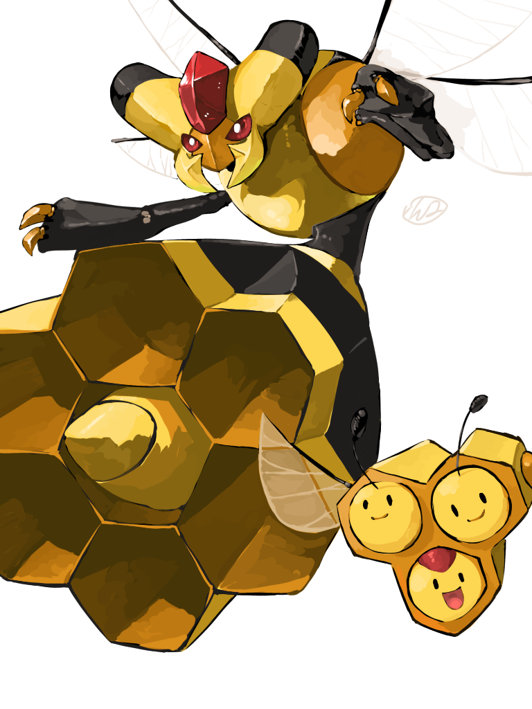 :d antennae bug claws combee evolutionary_line full_body gen_4_pokemon insect_wings nintendo no_humans open_mouth pokemon pokemon_(creature) signature simple_background smile vespiquen white_background wings yunimaru