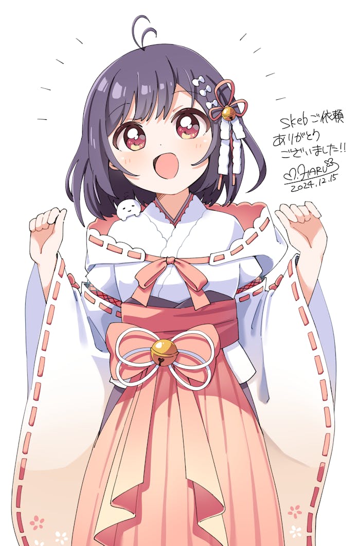 1girl :d antenna_hair blush commentary_request commission cowboy_shot dated dot_nose hair_ribbon hakama hakama_skirt hands_up haru_(konomi_150) indie_virtual_youtuber japanese_clothes kimono long_sleeves looking_at_viewer nontraditional_miko open_mouth purple_hair red_eyes red_hakama red_ribbon ribbon ribbon-trimmed_sleeves ribbon_trim short_hair signature simple_background skeb_commission skirt smile solo takoko_(vtuber) virtual_youtuber white_background white_kimono wide_sleeves