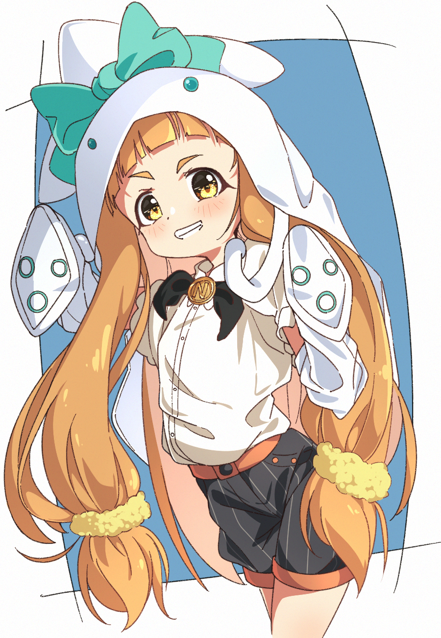 1girl blunt_bangs child commentary cosplay grin hair_ornament hair_scrunchie highres hood ichihara_nina idolmaster idolmaster_cinderella_girls idolmaster_cinderella_girls_u149 kigurumi long_hair looking_at_viewer pinstripe_pattern pinstripe_shorts scrunchie shirt shorts simple_background smile solo squid_costume striped teeth twintails very_long_hair white_shirt yairo_ju yellow_eyes yellow_scrunchie