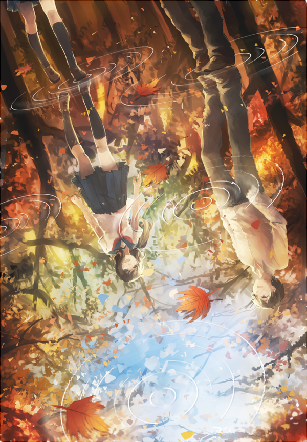 1boy 1girl autumn autumn_leaves bad_id bad_pixiv_id brown_eyes brown_hair domik leaf long_hair open_mouth original reflection ripples scenery school_uniform serafuku short_hair sky tree water