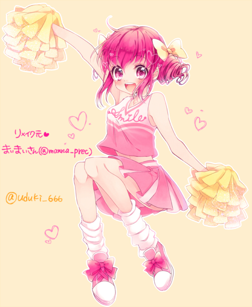 10s 1girl :d arm_up bow cheerleader female_focus full_body hair_bow heart hoshizora_miyuki looking_at_viewer open_mouth pink_bow pink_eyes pink_hair pink_shoes pink_skirt pom_pom_(cheerleading) precure shirt shoes short_hair short_twintails skirt sleeveless sleeveless_shirt smile smile_precure! socks solo twintails twitter_username uzuki_aki yellow_background yellow_bow