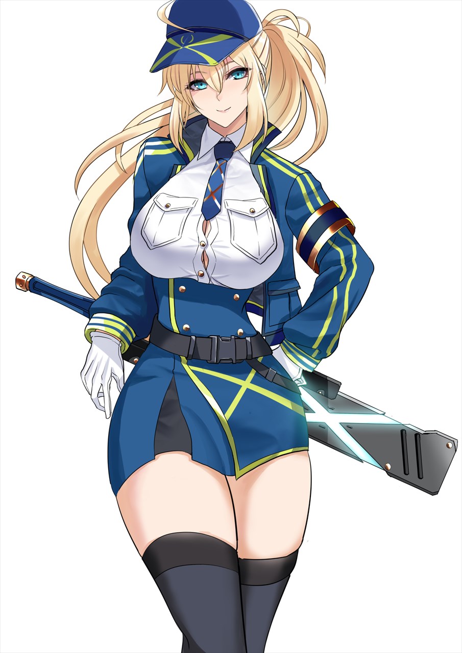 1girl ahoge artoria_pendragon_(fate) baseball_cap blonde_hair blue_eyes blue_hat breasts button_gap buttons cleavage collared_shirt double-breasted fate/grand_order fate_(series) gloves hair_through_headwear hat highres kawabata_yoshihiro large_breasts long_hair looking_at_viewer mysterious_heroine_x_(fate) mysterious_heroine_xx_(fate) necktie ponytail shirt short_necktie solo thighhighs thighs undersized_breast_cup white_gloves white_shirt