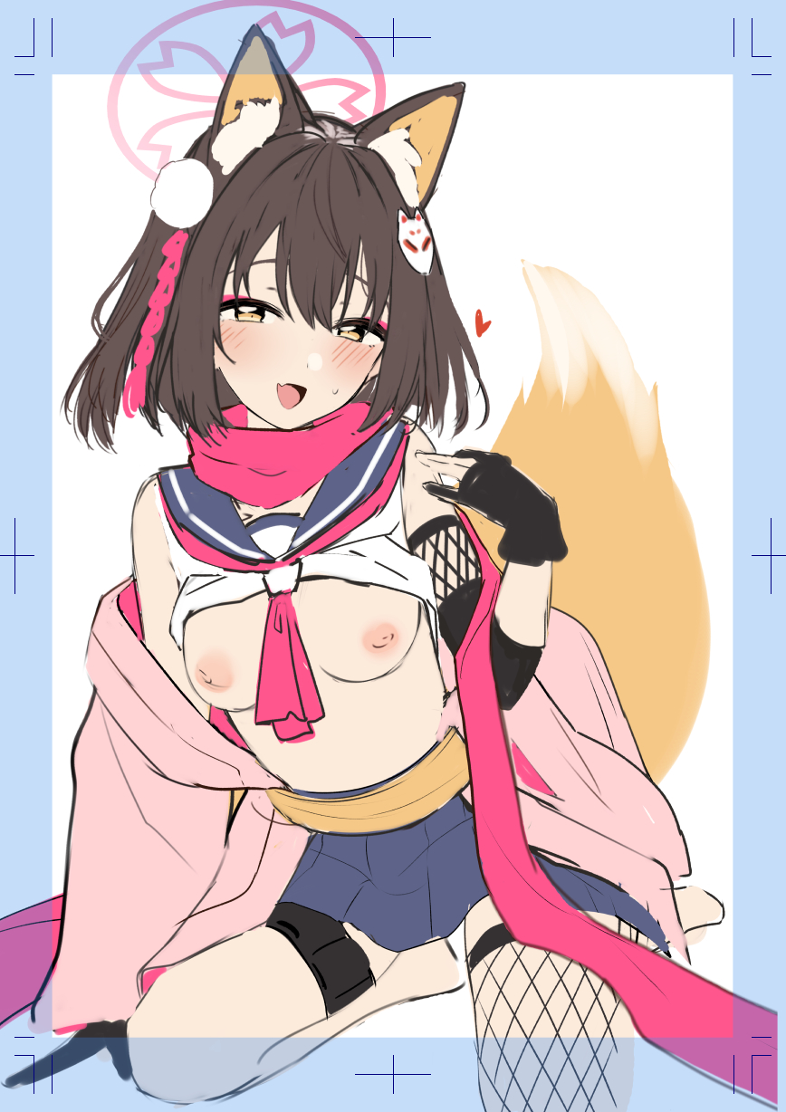 1girl :d animal_ears ariyoshi_gen blue_archive breasts brown_hair commentary fang fishnet_thighhighs fishnets fox_ears fox_girl fox_tail hair_ornament halo highres izuna_(blue_archive) jacket medium_breasts neckerchief ninja nipples no_bra open_mouth pink_jacket pink_neckerchief pink_scarf pleated_skirt purple_skirt scarf school_uniform serafuku single_thighhigh skin_fang skirt smile solo symbol-only_commentary tail thighhighs white_background yellow_eyes