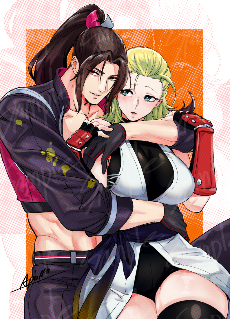1boy 1girl andy_bogard apollo_(pixiv884782) bare_shoulders blonde_hair blush breasts brown_eyes brown_hair cleavage fatal_fury fatal_fury:_city_of_the_wolves genderswap genderswap_(ftm) genderswap_(mtf) high_ponytail holding large_breasts long_hair ninja open_mouth ponytail sample_watermark shiranui_mai simple_background thighs watermark