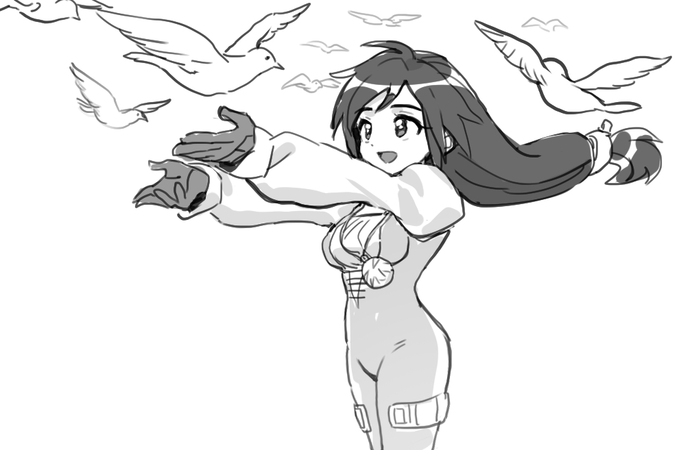 bird bodysuit breasts cowboy_shot crystal dede_(qwea_00000) dove final_fantasy final_fantasy_ix flock garnet_til_alexandros_xvii gloves greyscale jewelry juliet_sleeves long_hair long_sleeves low-tied_long_hair medium_breasts monochrome open_mouth outstretched_arms pendant puffy_long_sleeves puffy_sleeves shirt smile thigh_strap white_background white_bird white_shirt