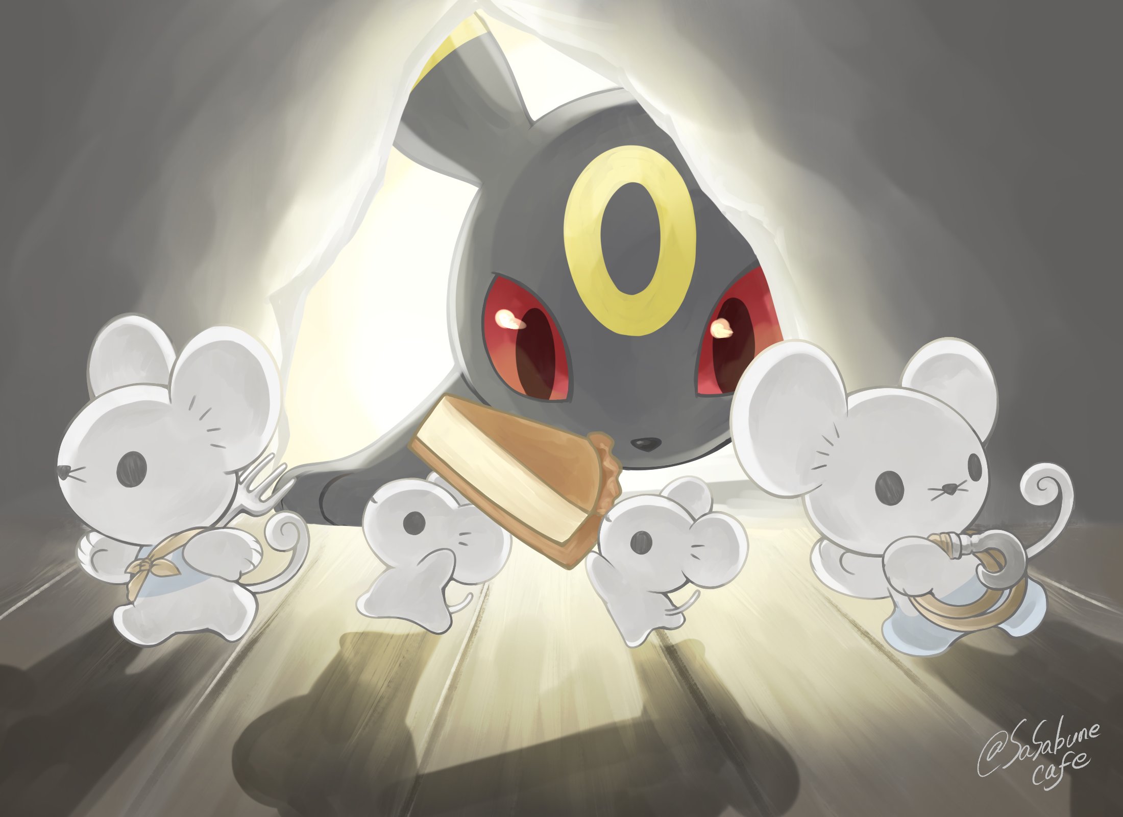 animal_focus black_eyes colored_sclera food fork gen_2_pokemon highres holding maushold maushold_(family_of_four) mouse_(animal) nintendo pie pokemon pokemon_(creature) red_eyes red_sclera running sasabunecafe signature twitter_username umbreon