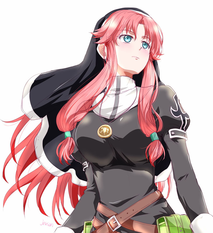 1girl black_dress blue_eyes breasts chalice cross cross_print cup dress eiyuu_densetsu juliet_sleeves large_breasts long_hair long_sleeves low-tied_sidelocks medallion nun puffy_sleeves red_hair ries_argent sidelocks solo sora_no_kiseki traditional_nun xiacheng_tatsuya