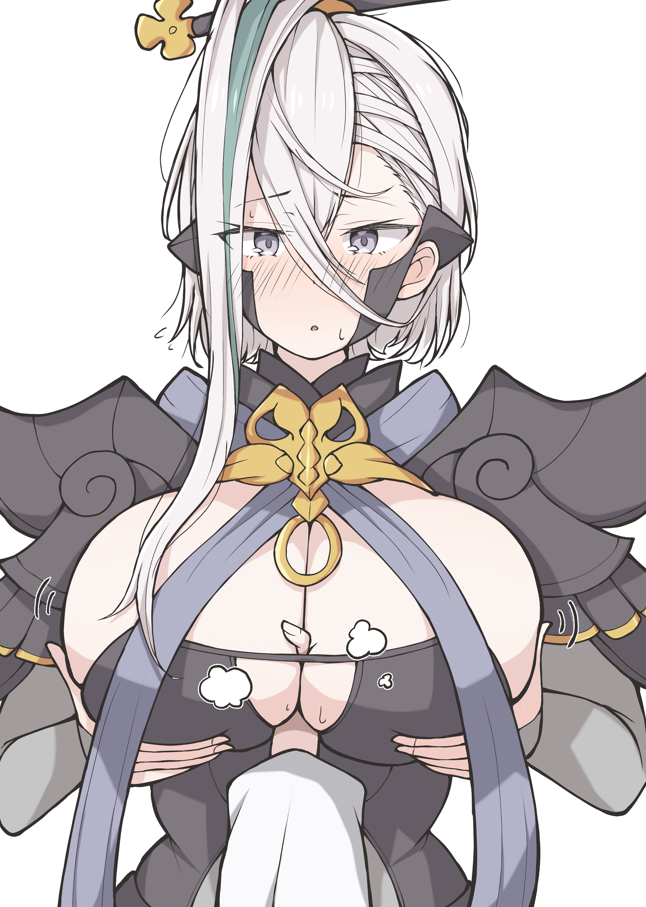 1girl 1other absurdres arm_between_breasts armor azuki_(ne_4zk) between_breasts breastplate breasts cleavage fate/grand_order fate_(series) grabbing_another's_breast grey_eyes grey_leotard groping hair_between_eyes hair_ornament hair_stick highres huyan_zhuo_(fate) huyan_zhuo_(third_ascension)_(fate) large_breasts leotard long_hair long_sleeves looking_at_viewer multicolored_hair pauldrons shoulder_armor solo streaked_hair white_hair