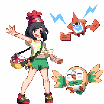 1girl :d ^_^ armpits bag bare_legs beak beanie bird black_eyes black_hair blush_stickers bracelet closed_eyes creatures_(company) floral_print full_body game_freak gen_4_pokemon gen_7_pokemon green_shorts groin handbag hat jewelry leaf lowres navel nintendo open_mouth outstretched_arm owl parted_bangs pixel_art poke_ball_theme pokedex pokemon pokemon_(creature) pokemon_sm red_hat rotom rotom_dex rowlet selene_(pokemon) shirokuro_(oyaji) shirt shoes short_hair short_sleeves shorts simple_background smile sneakers standing tied_shirt white_background wings yellow_shirt z-ring