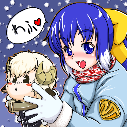 1boy 1girl bad_id bad_pixiv_id blue_eyes blue_hair blush bow chibi collar fang fangs female_focus futaba_channel horns inu-t lowres matching_hair/eyes os-tan ponytail scarf shitsuji snow solo sonota_oozei yellow_bow