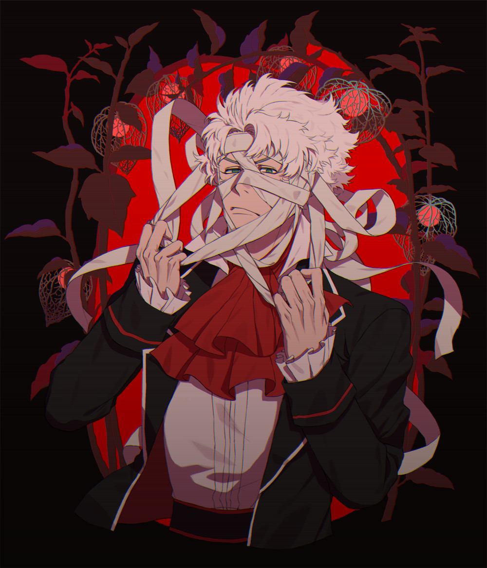1boy ascot bandages black_background black_jacket chinese_lantern_(plant) classicaloid closed_mouth commentary cropped_torso jacket long_sleeves looking_at_viewer ludwig_van_beethoven_(classicaloid) male_focus red_ascot ringed_eyes sf_jd shirt solo symbol-only_commentary white_hair white_shirt
