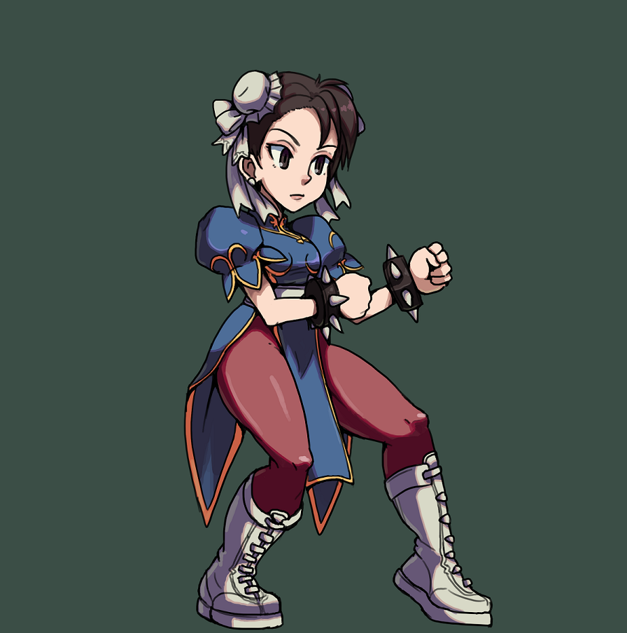 1girl alex_ahad_(style) boots bracelet breasts brown_eyes brown_hair brown_pantyhose capcom chinese_clothes chun-li clenched_hand double_bun drawfag earrings female_focus fighting_stance green_background hair_bun hair_ornament hair_ribbon jewelry pantyhose parody puffy_short_sleeves puffy_sleeves ribbon short_sleeves simple_background skullgirls solo street_fighter studded_bracelet style_parody thick_thighs thighs white_boots