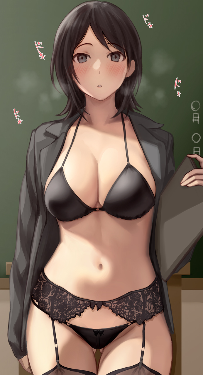 1girl amagami black_bra black_eyes black_hair black_panties black_thighhighs blush bow bow_panties bra breasts chalkboard classroom female_focus garter_belt garter_straps gluteal_fold heavy_breathing highres large_breasts long_sleeves looking_at_viewer mature_female navel open_clothes panties parted_lips serizawa_(serizawaroom) short_hair solo standing steam takahashi_maya teacher thigh_gap thighhighs underwear upper_body