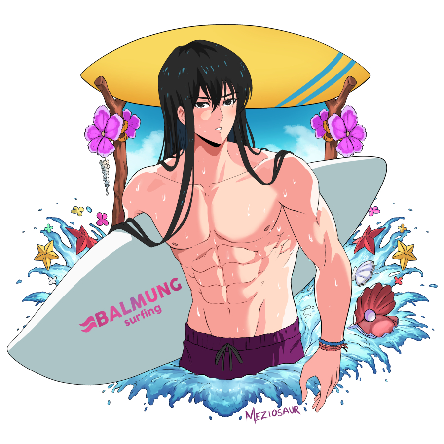 1boy abs alternate_costume artist_name black_eyes black_hair collarbone commentary english_commentary fire_emblem fire_emblem:_genealogy_of_the_holy_war flower holding holding_surfboard long_hair male_focus male_swimwear meziosaur muscular muscular_male navel nintendo nipples parted_lips pectorals purple_male_swimwear shannan_(fire_emblem) solo starfish surfboard topless_male wet