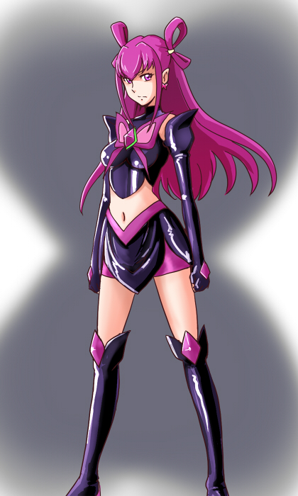 1girl bakusai bike_shorts black_boots black_gloves black_skirt boots closed_mouth crop_top dark_cure_(yes!_precure_5) dark_dream earrings elbow_gloves feet_out_of_frame female_focus floating_hair frown gloves grey_background hair_intakes jewelry knee_boots long_hair looking_at_viewer midriff miniskirt navel pink_eyes pink_hair pink_shorts precure short_shorts shorts shorts_under_skirt side_slit skirt solo standing stomach very_long_hair yes!_precure_5