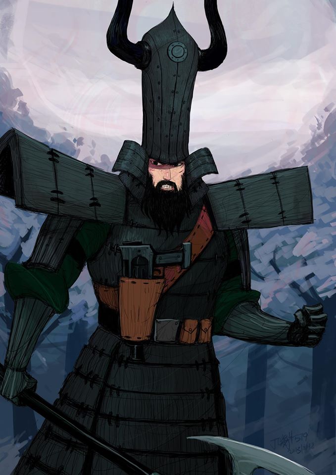 1boy armor axe beard clenched_hand dated facial_hair fake_horns holding holding_axe holster horned_headwear horns japanese_armor male_focus outdoors samurai_jack samurai_jack_(character) shoulder_armor standing wugedou