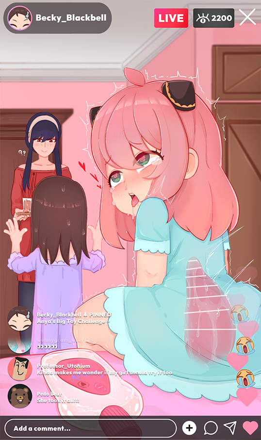 3girls ? ahegao anal anal_object_insertion anya_(spy_x_family) aqua_dress bar_censor becky_blackbell black_hair black_pantyhose blush brown_hair censored character_name chat_log clueless confused dress eyelashes feet_out_of_frame female_focus from_behind green_eyes heart heart-shaped_pupils indoors instagram livestream loli long_hair long_sleeves looking_at_another looking_down multiple_girls object_insertion open_mouth oscarlllll pantyhose pink_hair purple_dress red_eyes red_sweater rolling_eyes short_hair_with_long_locks sitting spy_x_family standing sweater symbol-shaped_pupils tears tongue tongue_out variant_set x-ray yor_briar