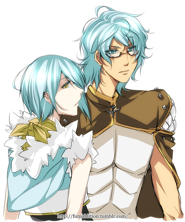 2boys alternate_color black-framed_eyewear blue_eyes blue_hair blue_shirt brown_cape cape closed_mouth commentary creator_(ragnarok_online) earrings english_commentary expressionless fumiddition fur-trimmed_shirt fur_trim glasses jewelry looking_at_viewer looking_back male_focus medium_hair multiple_boys multiple_earrings ragnarok_online shirt short_hair simple_background sleeveless sleeveless_shirt sniper_(ragnarok_online) two-tone_shirt upper_body watermark web_address white_background white_shirt yellow_eyes
