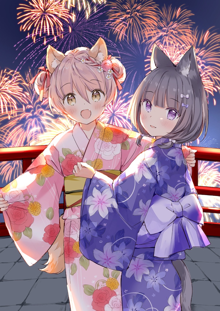 2girls :d aerial_fireworks animal_ear_fluff animal_ears black_hair bow braid brown_eyes commentary_request double_bun fang fireworks floral_print flower hair_between_eyes hair_bun hair_flower hair_ornament hair_over_shoulder japanese_clothes kimono komugi_(wataame27) long_sleeves low_twintails multiple_girls night night_sky obi open_mouth original pinching_sleeves pink_flower pink_hair pink_kimono print_kimono purple_bow purple_eyes purple_kimono railing sash sky sleeves_past_wrists smile standing tail twintails wataame27 white_bow white_flower wide_sleeves wolf-chan_(wataame27) wolf_ears wolf_girl wolf_tail