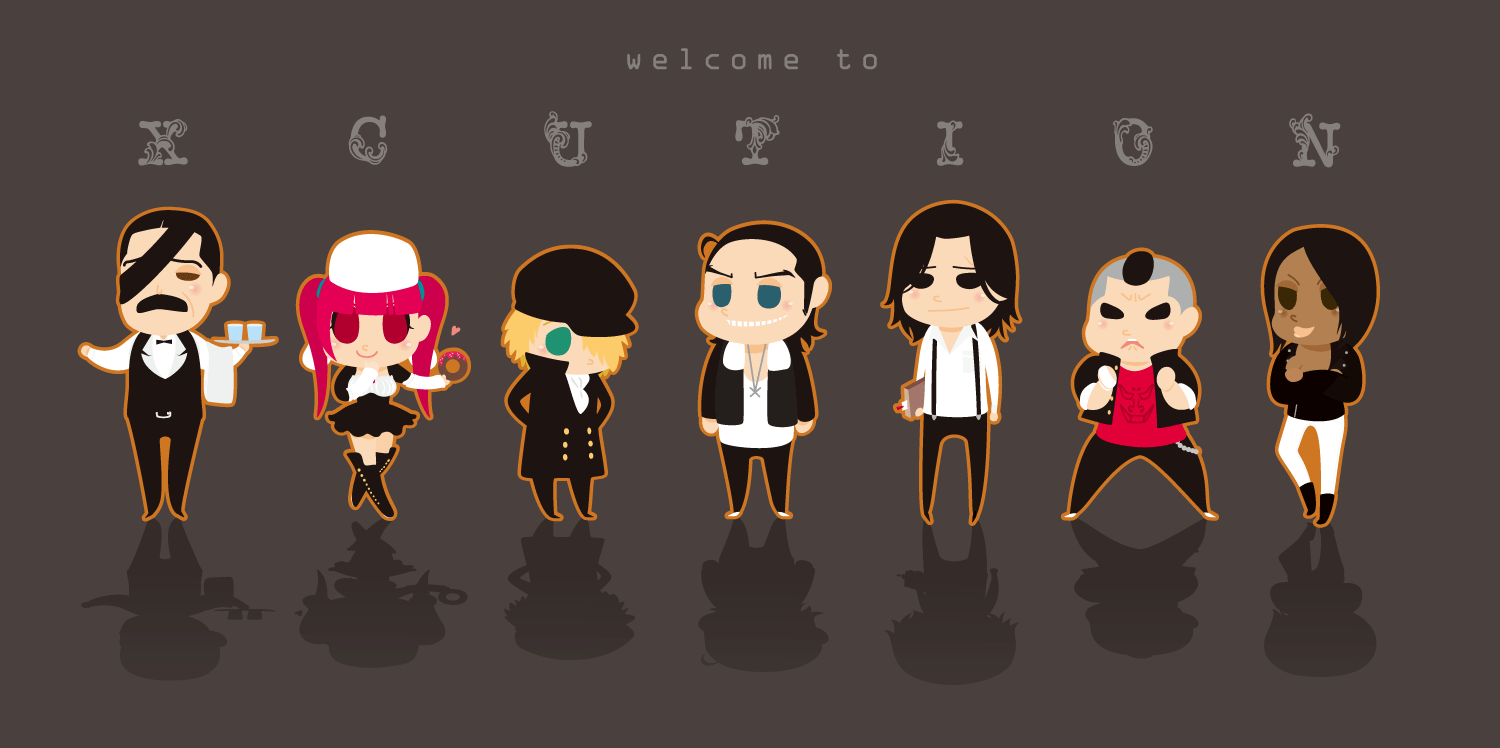 2girls 5boys black_hair bleach blonde_hair blue_eyes brown_eyes chibi dark_skin dokugamine_riruka eyepatch facial_hair ginjou_kuugo green_eyes hat jackie_tristan kutsuzawa_giriko locoe long_image multiple_boys multiple_girls mustache shishigawara_moeh smile tsukishima_shuukurou wide_image yukio_hans_vorarlberna