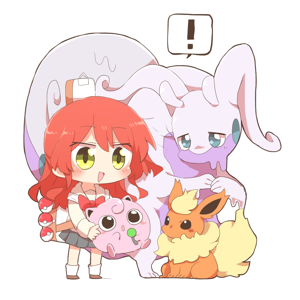 ! 1girl :d backpack bag blue_eyes blush blush_stickers bocchi_the_rock! brown_footwear chibi creatures_(company) crossover flareon game_freak gen_1_pokemon green_eyes grey_skirt hair_between_eyes hisuian_goodra holding jigglypuff kita_ikuyo long_hair nintendo one_side_up open_mouth pleated_skirt poke_ball poke_ball_(basic) pokemon pokemon_(creature) rebecca_(keinelove) red_hair sailor_collar school_uniform serafuku shirt shoes simple_background skirt smile socks spoken_exclamation_mark standing white_background white_sailor_collar white_shirt white_socks