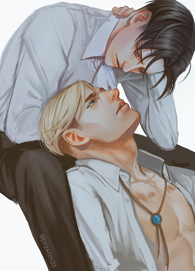 2boys adam&#039;s_apple arm_up ascot bare_pectorals black_pants blonde_hair blue_gemstone bolo_tie brown_eyes brown_hair collarbone collared_shirt commentary elbow_on_leg english_commentary erwin_smith eye_contact gem hand_on_own_neck head_back leaning_back leaning_on_person levi_(shingeki_no_kyojin) looking_at_another male_focus mistermagnolia multicolored_hair multiple_boys necktie open_clothes open_shirt pants parted_lips pectorals shingeki_no_kyojin shirt simple_background sitting thick_eyebrows two-tone_hair undone_necktie white_ascot white_background white_shirt wing_collar yaoi