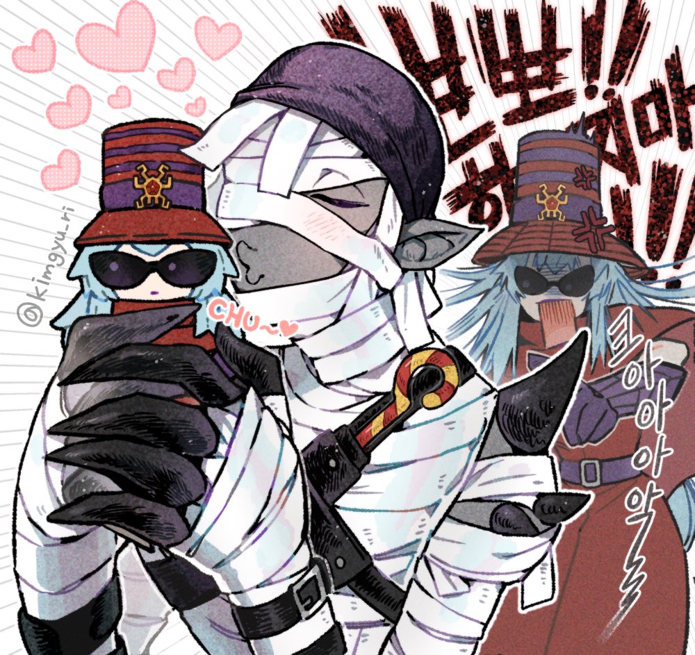 1boy 1girl archnemon bandages blue_hair breasts digimon digimon_(creature) digimon_adventure_02 dress hat heart holding holding_stuffed_toy kim_gyuri kiss korean_commentary korean_text long_hair medium_breasts motion_lines mummy mummymon red_dress red_hat speed_lines stuffed_toy sunglasses twitter_username upper_body