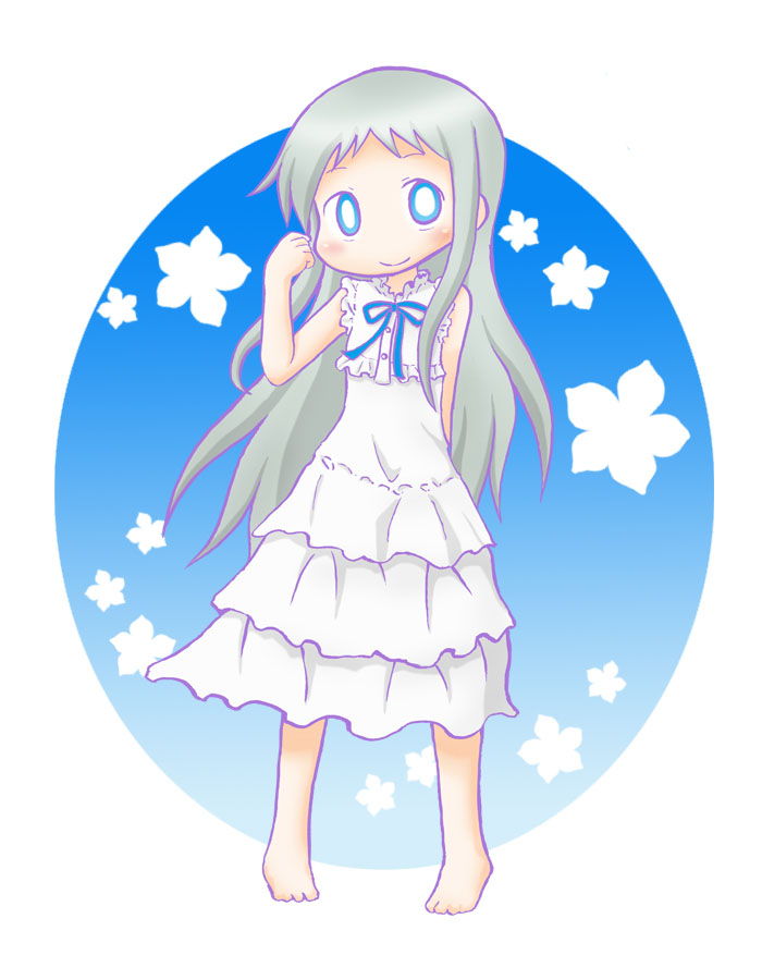 1girl ano_hi_mita_hana_no_namae_wo_bokutachi_wa_mada_shiranai. bare_arms bare_shoulders barefoot blue_background blue_eyes blue_ribbon blush closed_mouth commentary_request dress floral_background frilled_dress frills full_body grey_hair honma_meiko long_hair naga_u neck_ribbon ribbon sleeveless sleeveless_dress smile solo standing two-tone_background very_long_hair white_background white_dress